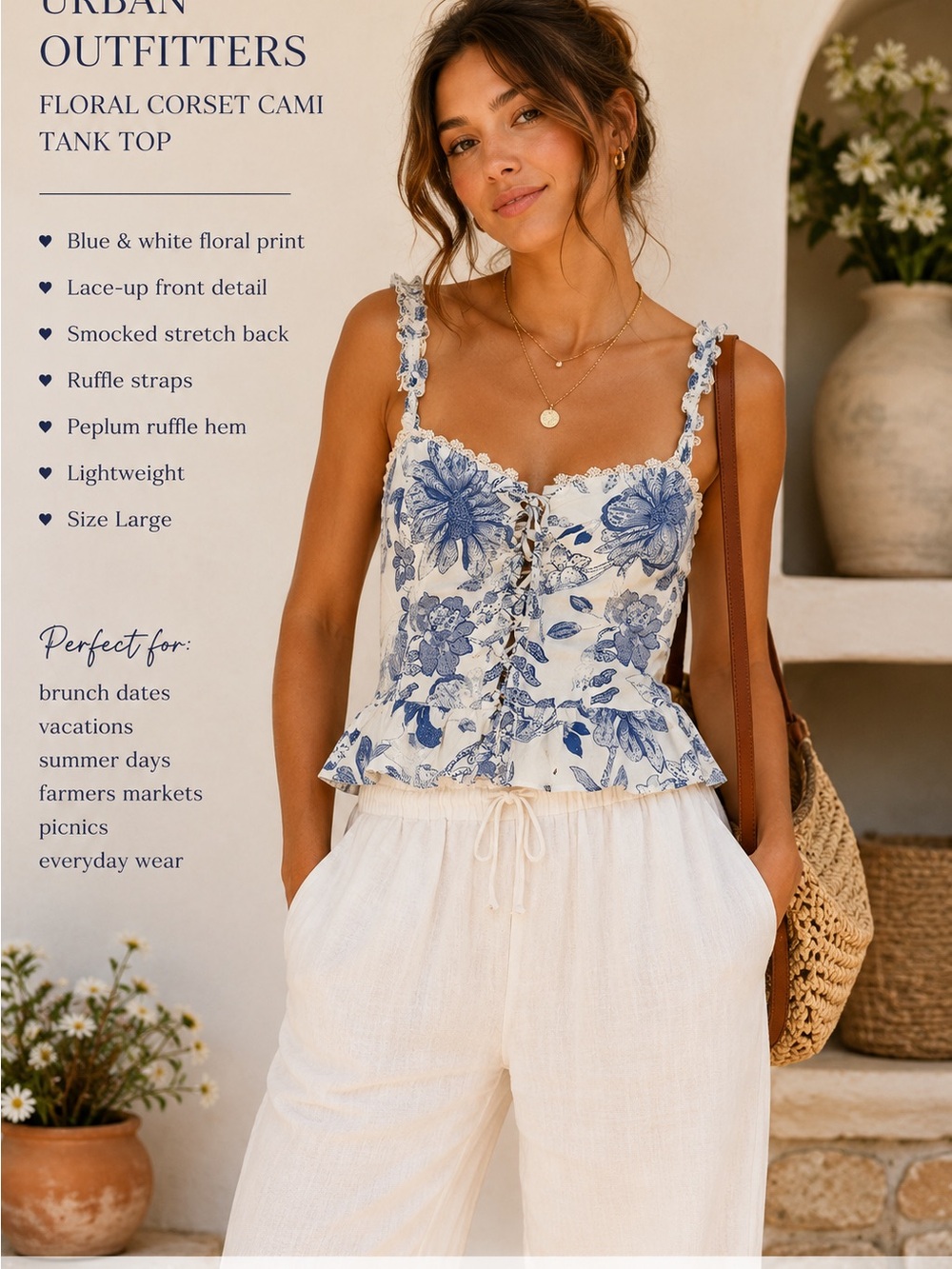 Urban Outfitters Blue & White Floral Corset Cami Tank Top | Size L | Cottagecore